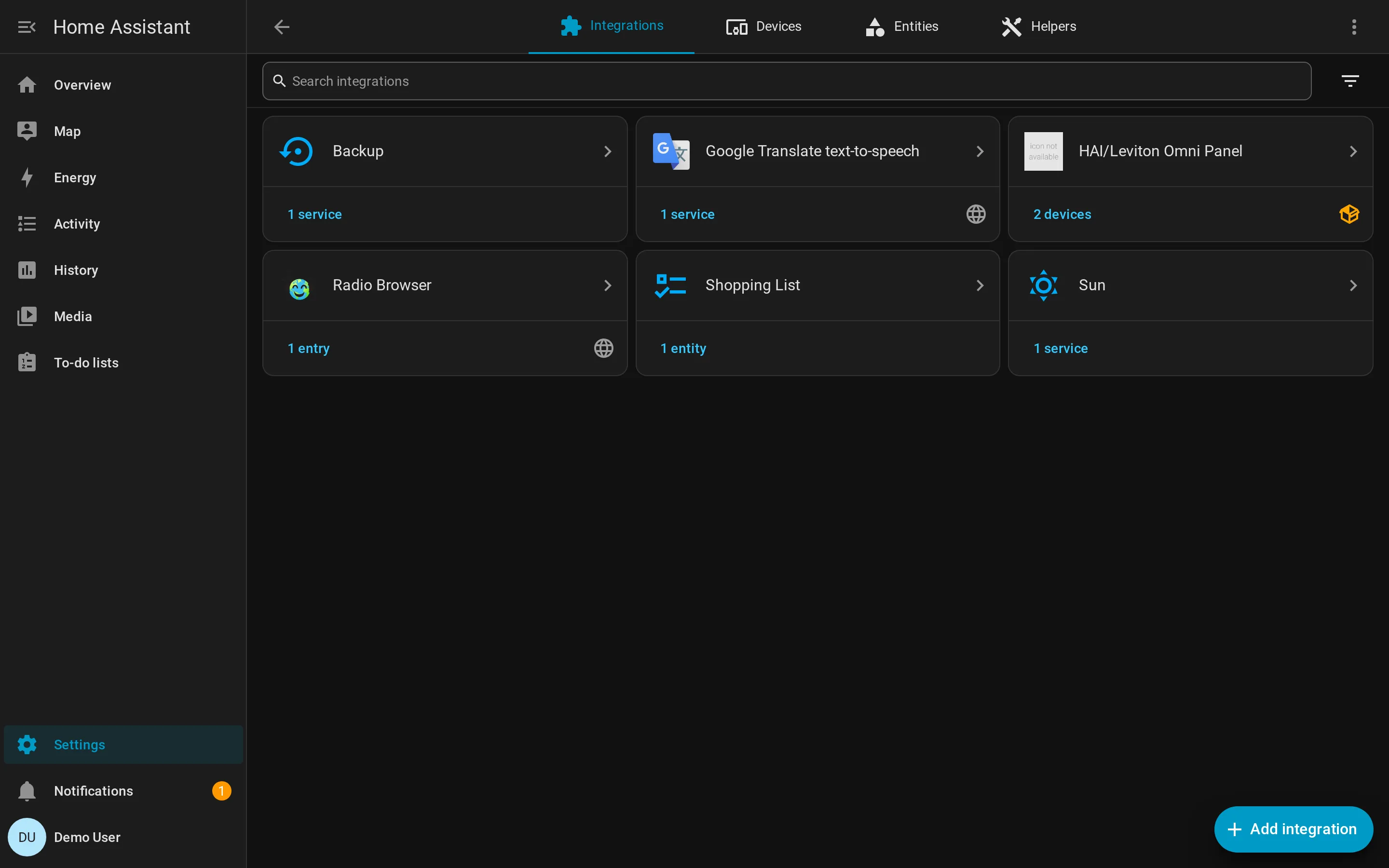 HA Devices and Services dashboard with HAI/Leviton Omni Panel listed alongside built-in integrations
