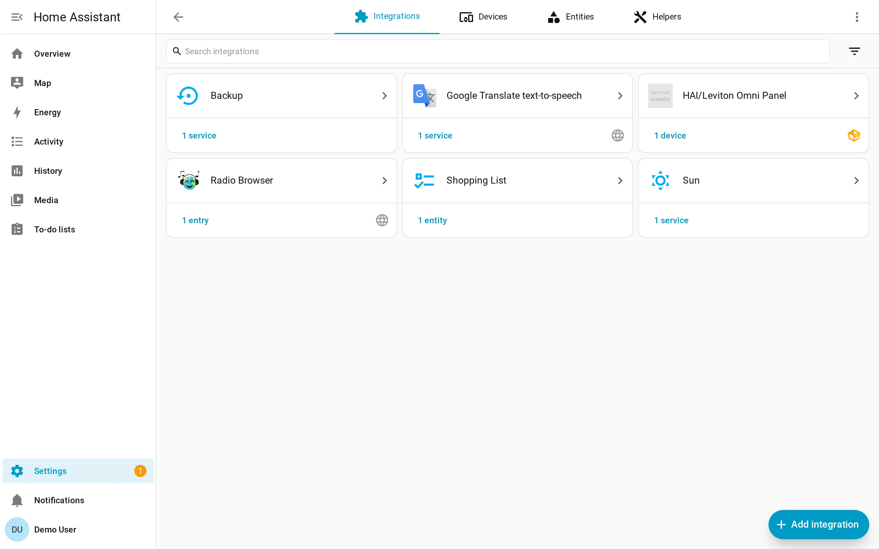 HA Devices and Services dashboard with HAI/Leviton Omni Panel listed alongside built-in integrations