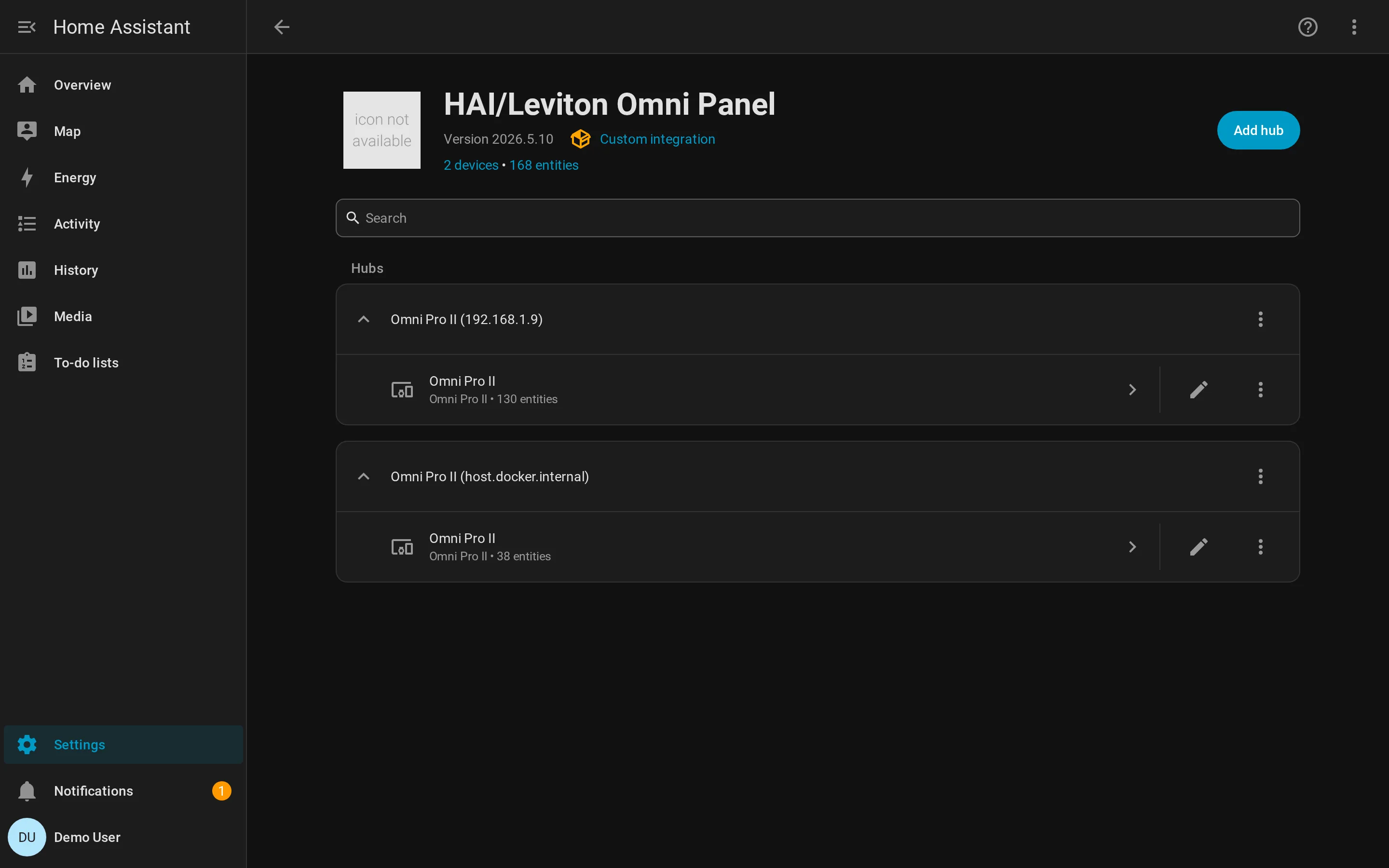 omni_pca integration page showing Custom integration, version 2026.5.10, 1 device with 38 entities