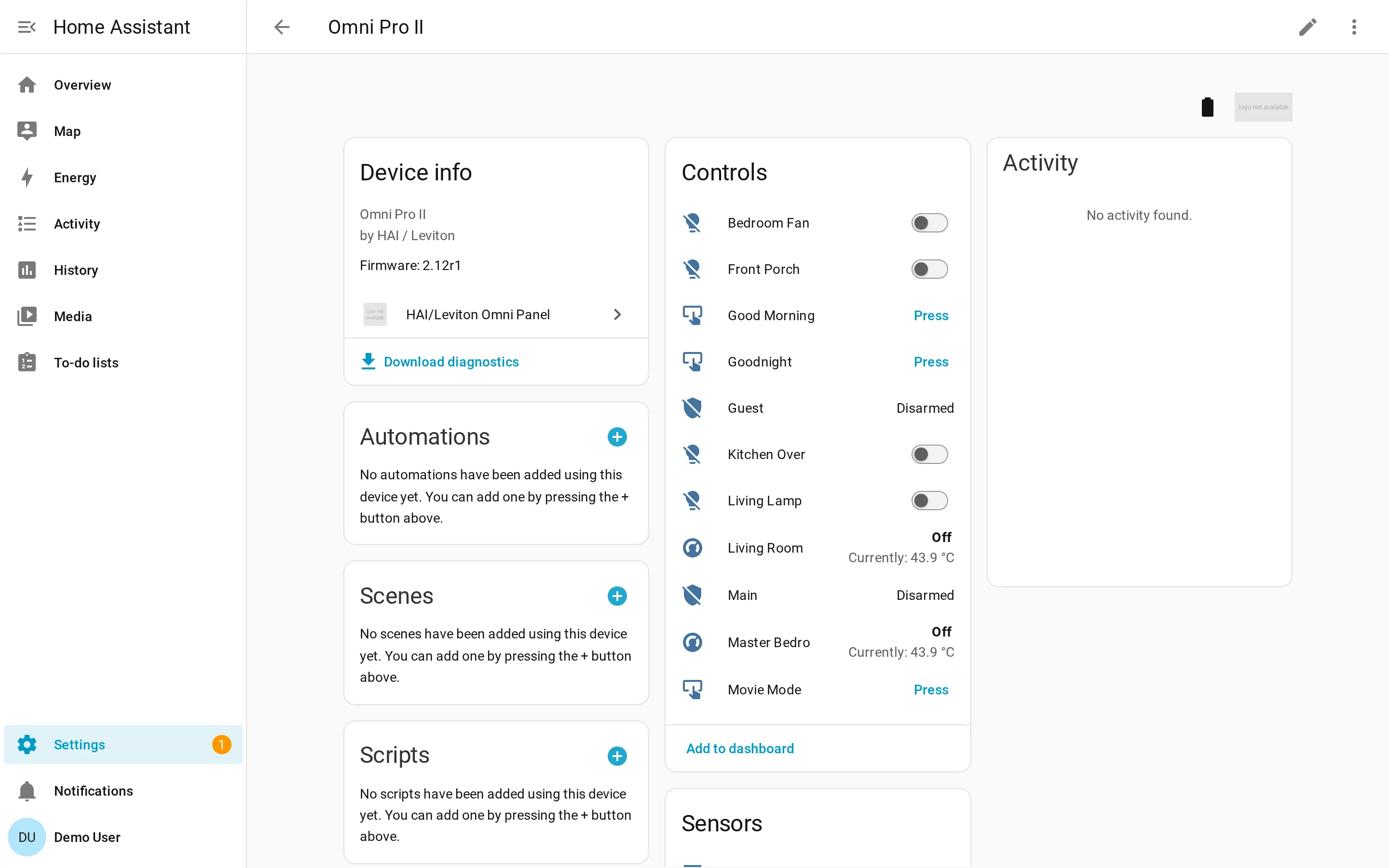 Omni Pro II device page in HA with lights, areas, thermostats, and panel buttons all live