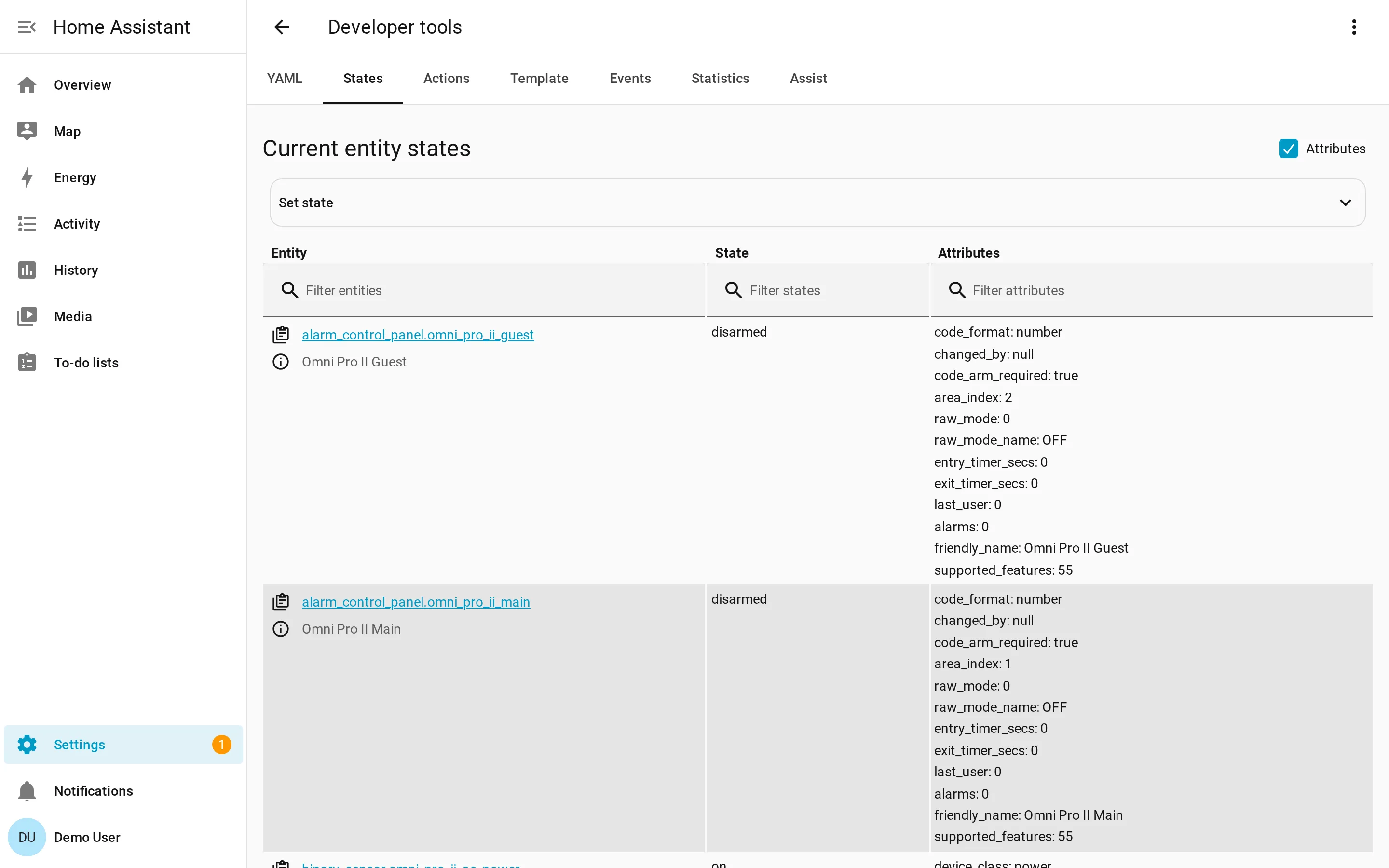 HA Developer Tools showing alarm_control_panel.omni_pro_ii_main with full attribute payload