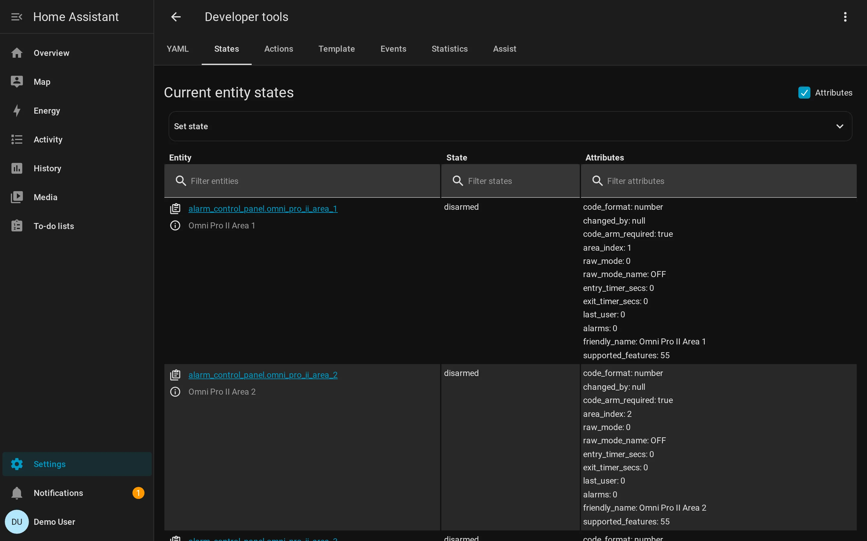 HA Developer Tools showing alarm_control_panel.omni_pro_ii_main with full attribute payload