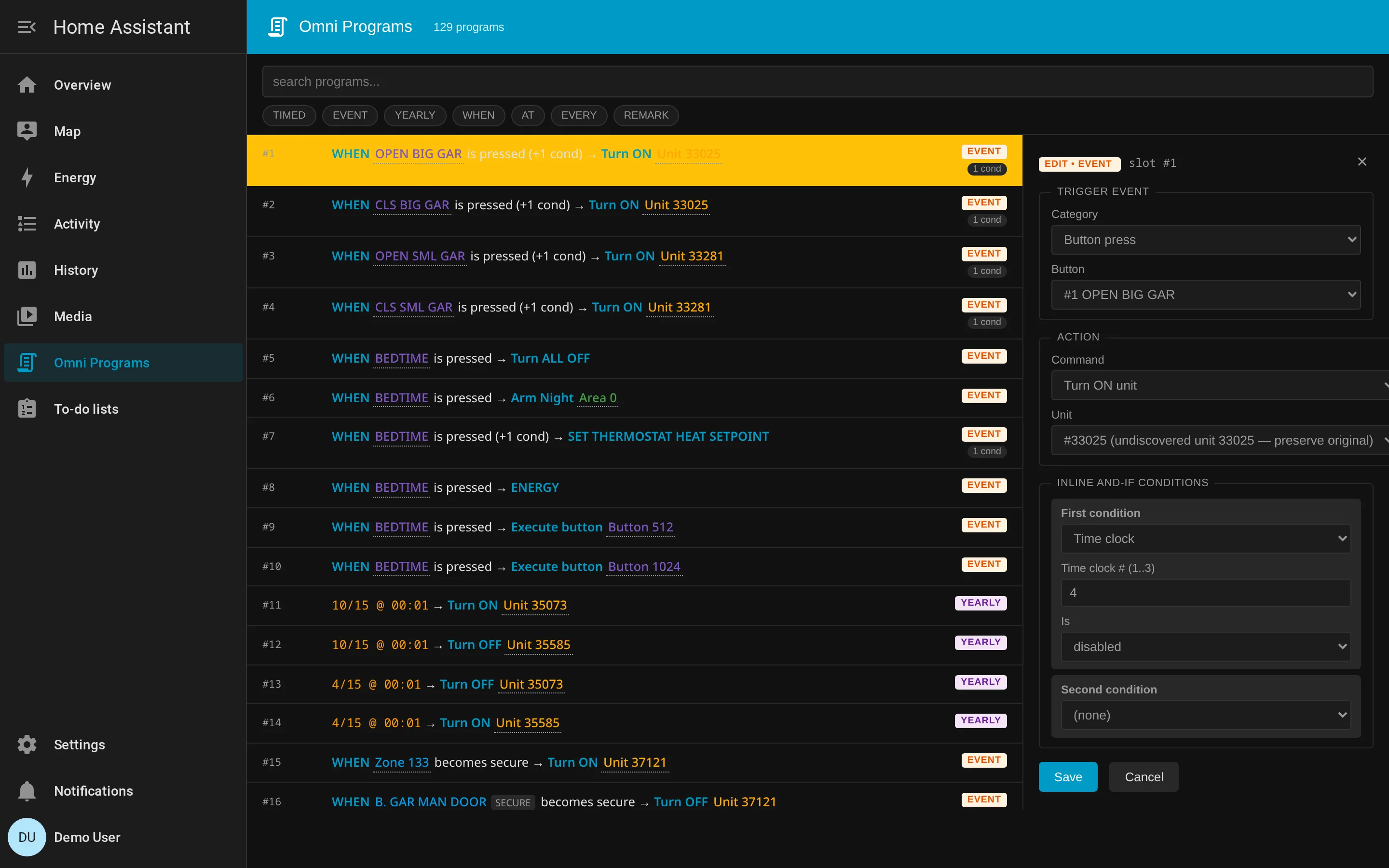 Compact-form program editor for an EVENT-triggered program showing Category (Button press), Button (#1 OPEN BIG GAR), Action (Turn ON unit #33025), and an inline AND-IF on Time clock 4 disabled