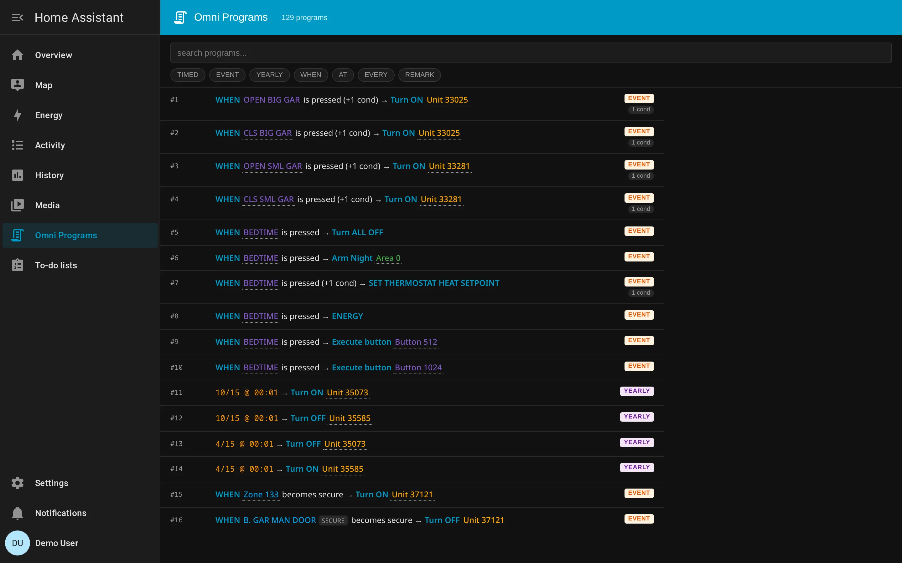 Omni Programs side panel showing a list of panel programs with WHEN/THEN summaries, trigger-type badges, and a search box